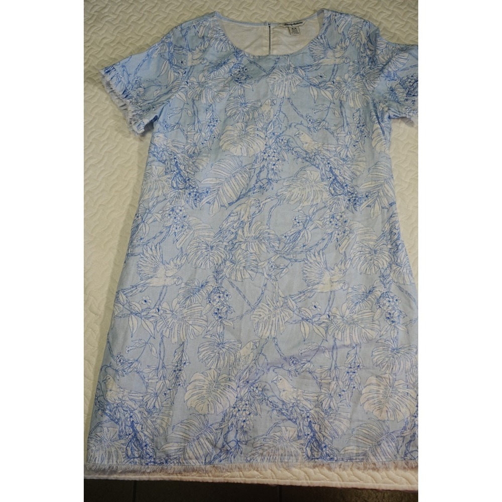 Tommy‎ Bahama Blue White Linen Parrot Tropical Fringe Shift Dress Womens Medium